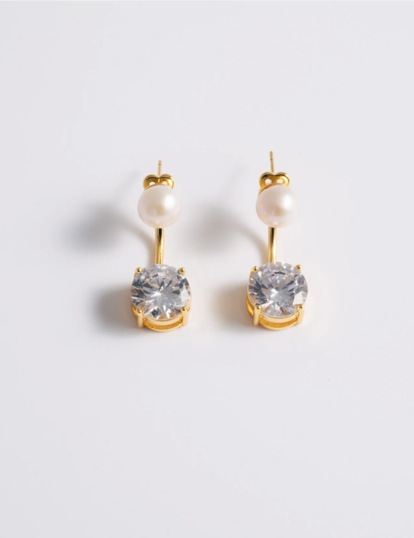 Pearl Stud & Solitaire Ear Jacket - Gold