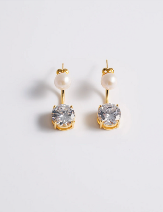Pearl Stud & Solitaire Ear Jacket - Gold